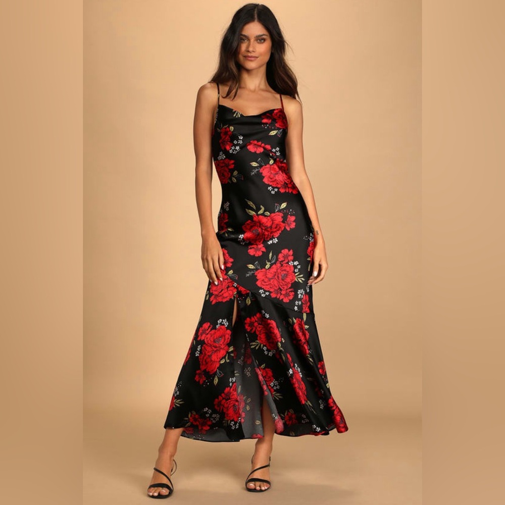 Lulu’s Extra Sultry Black Floral Print Satin Cowl Neck Maxi Dress